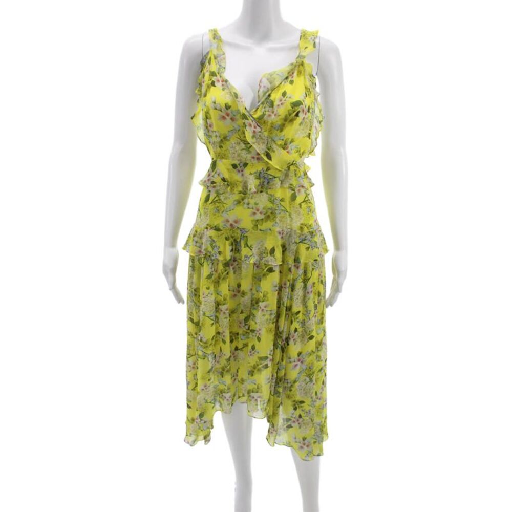 Marissa Webb Women Wrap Dress Yellow Silk Floral V-Neck Sleeveless Zip Size M
